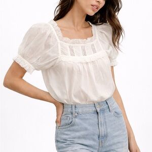 Doen Frances Top Salt White Organic Cotton Lace Puff Sleeve Blouse Women’s Small
